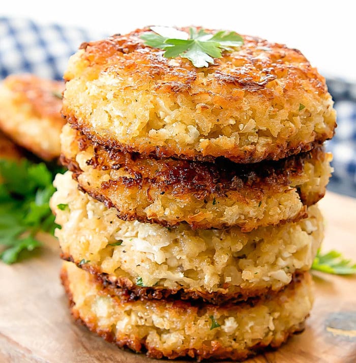 close-up photo of a stack of Cauliflower "Crab" Cakes