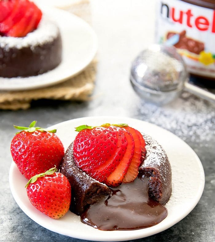 photo of a lava cake sliced with the nutella oozing out
