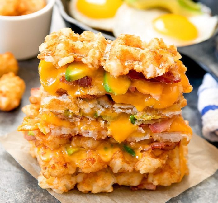 photo of a stack of Tater Tot Waffle Grilled Cheese
