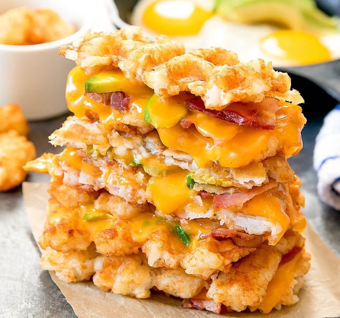 close-up photo of Tater Tot Waffle Grilled Cheese sandwiches