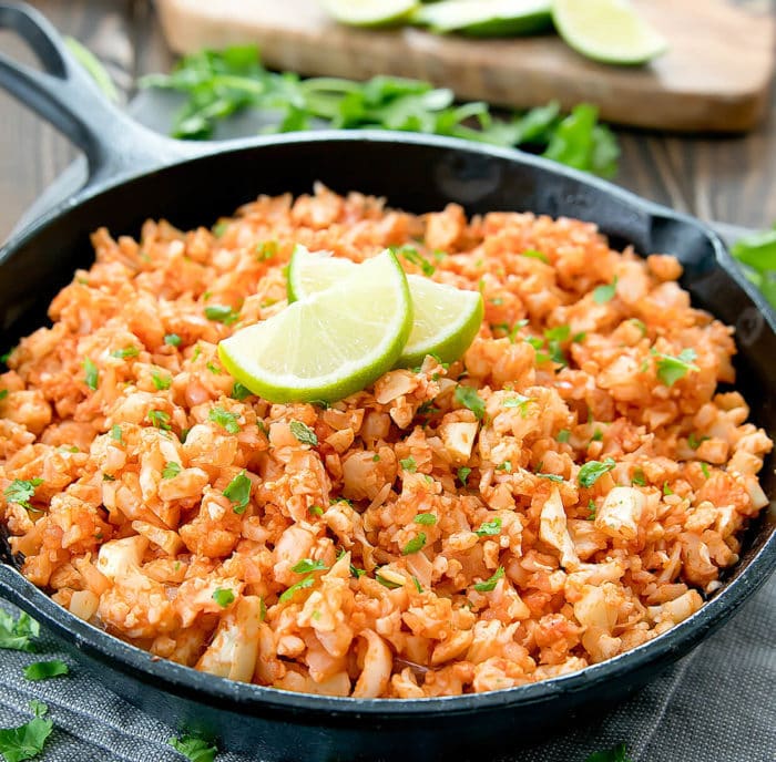 Mexican Cauliflower Rice garnished with lime slices