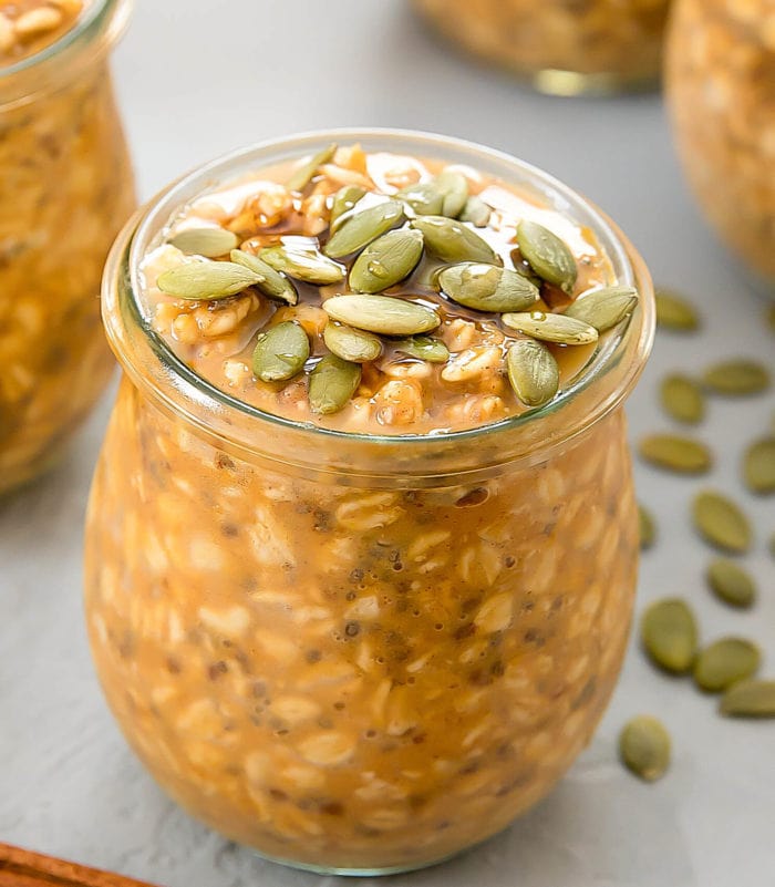 one jar of overnight pumpkin oats with pumpkin seeds