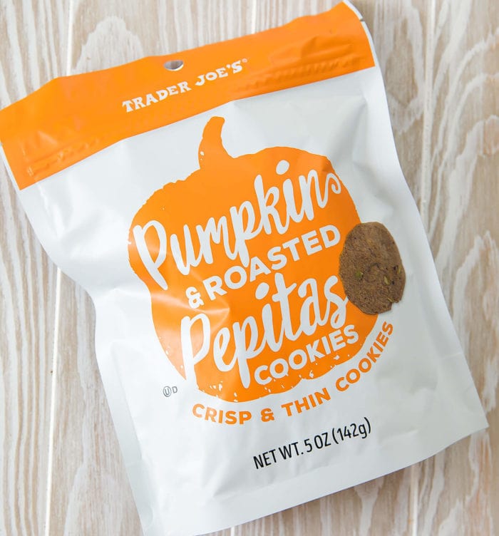 overhead photo of a package of Pumpkin & Roasted Pepitas Cookies