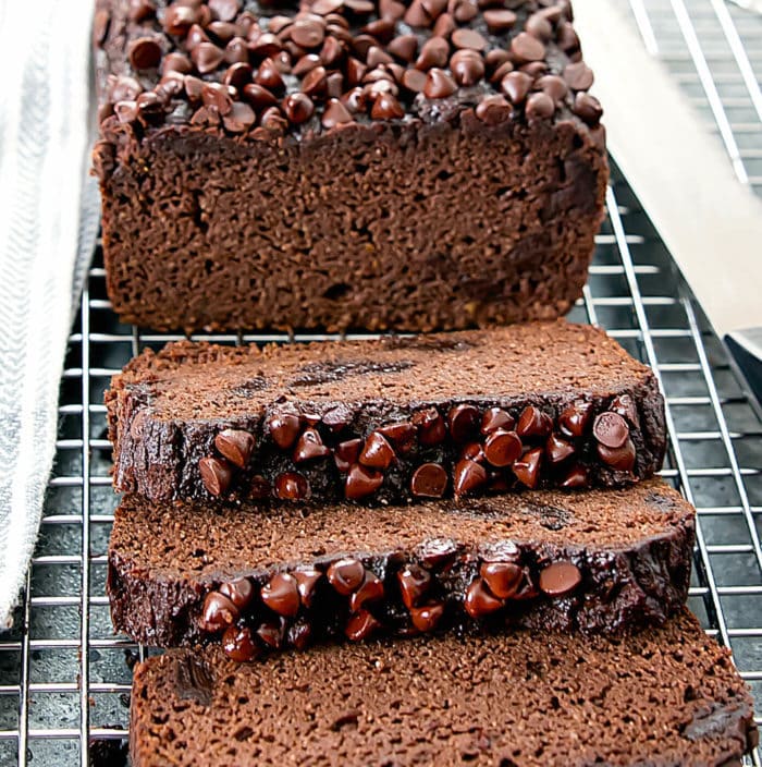 close-up photo of slices of flourless chocolate pumpkin bread