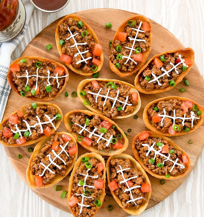 overhead photo of BBQ Taco Football Boats on a platter