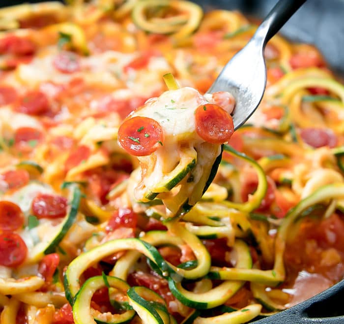 close-up photo of a forkful of Pizza Zucchini Noodles