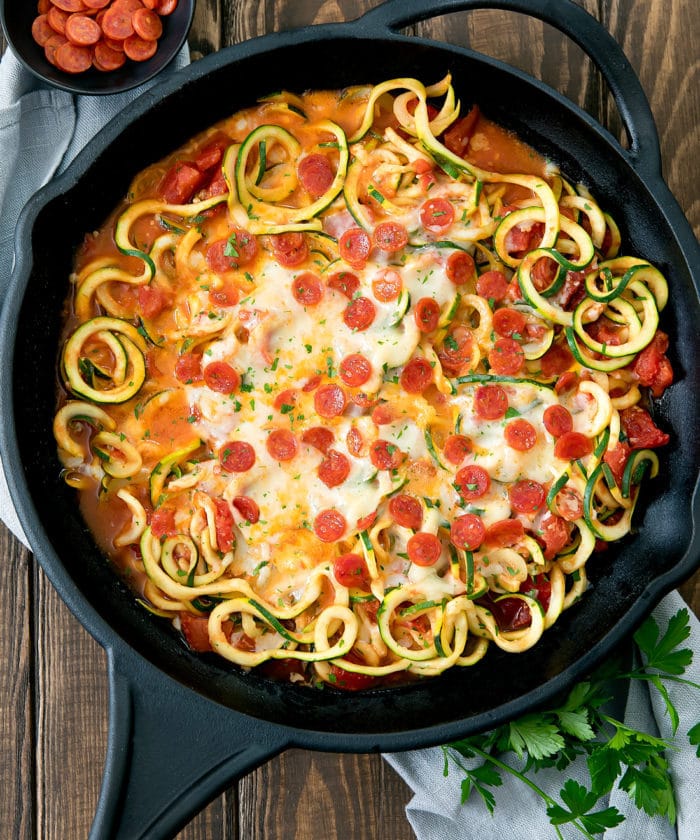 overhead photo of Pizza Zucchini Noodles in a cast iron skillet