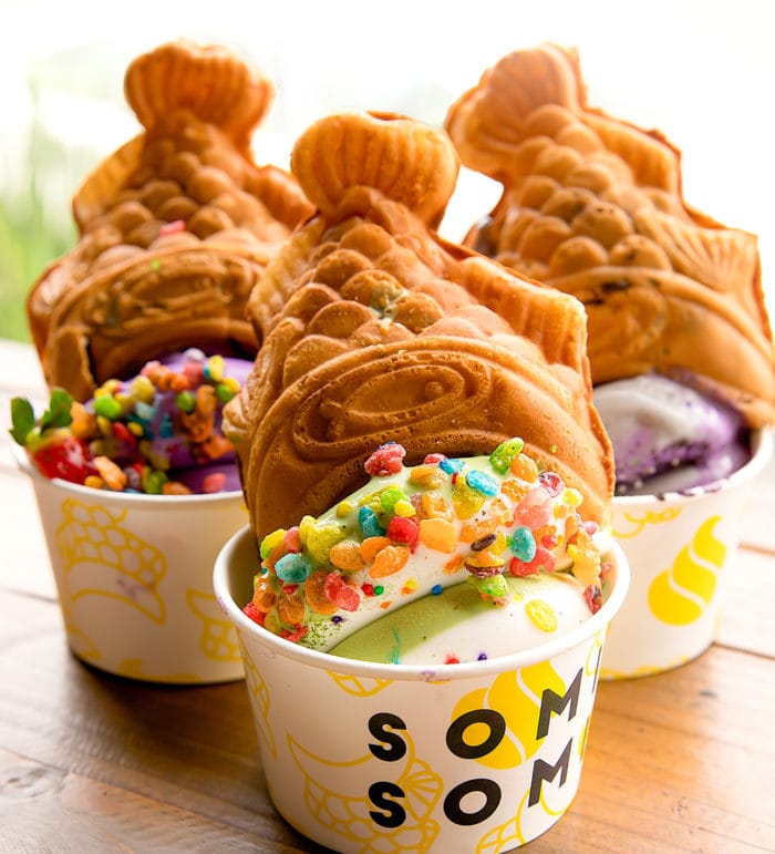 photo of the ice cream cones placed in paper bowls