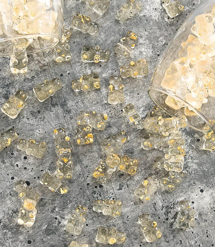 overhead photo of Gold Champagne Gummy Bears.