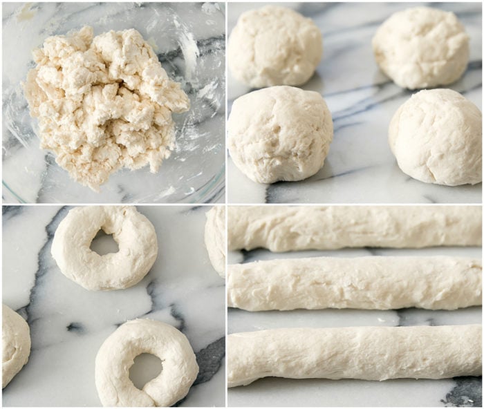 Process photo collage showing how to make and shape the dough for the bagels