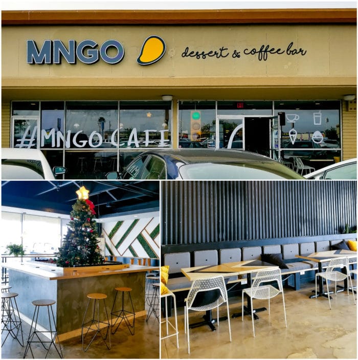 photo collage of the outside and inside of MNGO Dessert & Coffee Bar