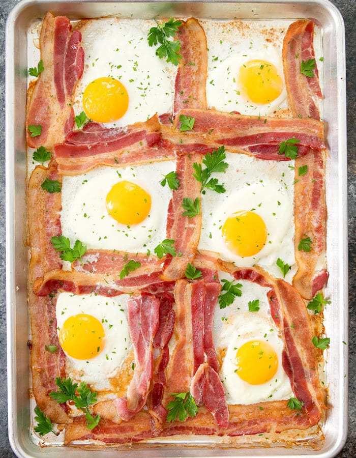 overhead photo of Sheet Pan Bacon and Eggs