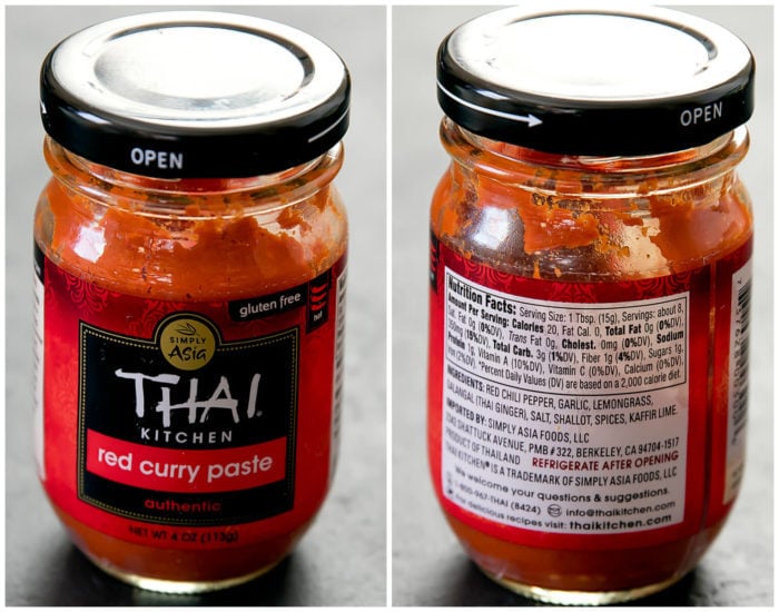 photo collage showing the front and back of a Thai Kitchen red curry paste bottle