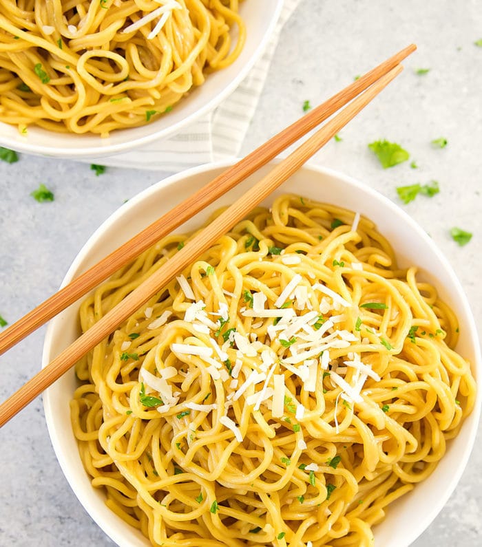 a top-down photo of garlic noodles