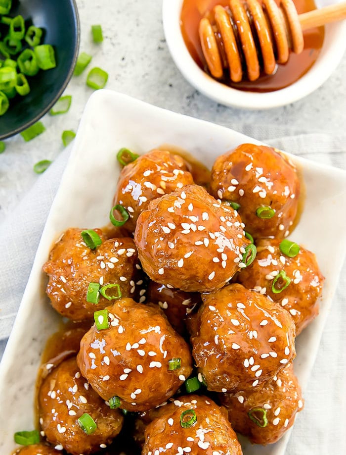 overhead photo of Honey Garlic Meatballs