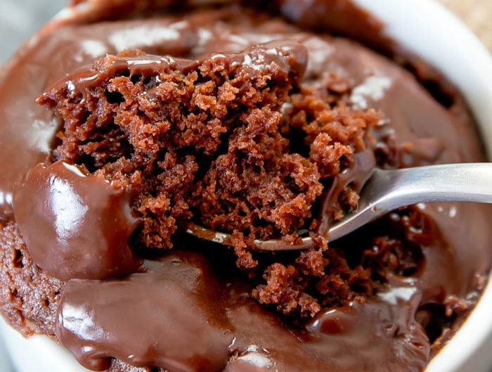 close-up of a spoonful of Peanut Butter Nutella Brownie Mug Cake