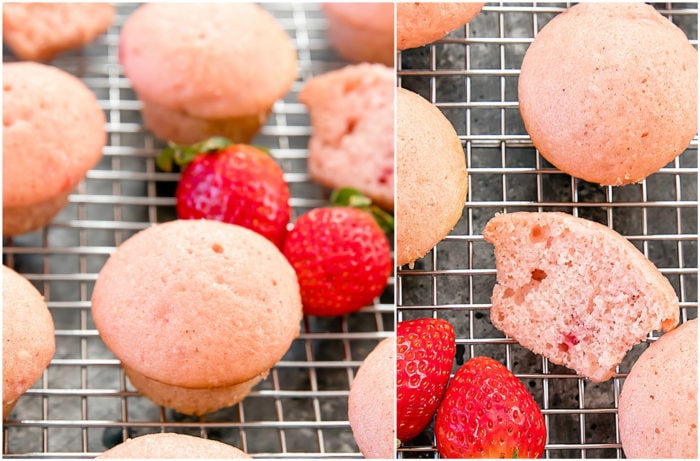 photo collage of muffins baked with chopped strawberries
