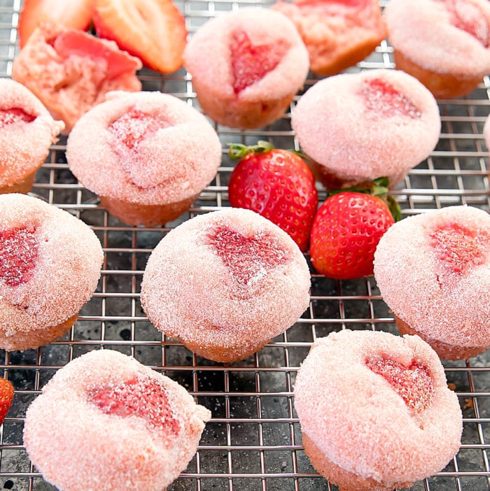 photo of Strawberry Donut Muffins on a baking rack