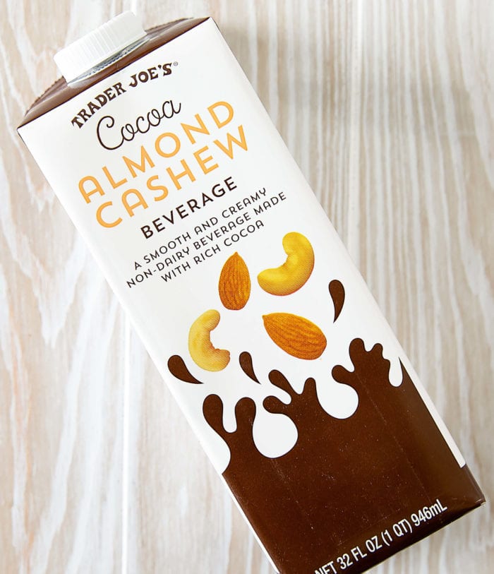 overhead photo of trader joes cocoa almon cashew beverage