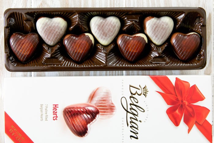 overhead photo of a package of belgian chocolate hearts