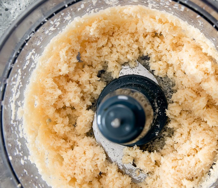 overhead photo of the mixture in a food processor
