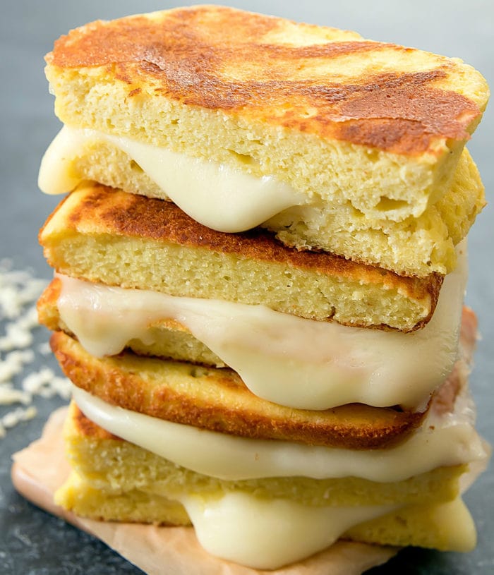 close-up photo of a stack of Microwave Low Carb Bread Grilled Cheese