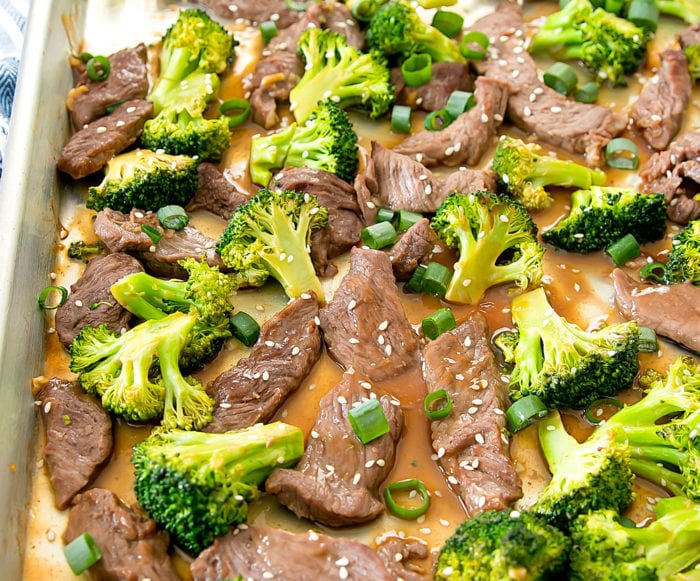 close-up of sheet pan beef and broccoli