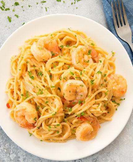 Overhead shot of a plate of Instant Pot Bang Bang Pasta