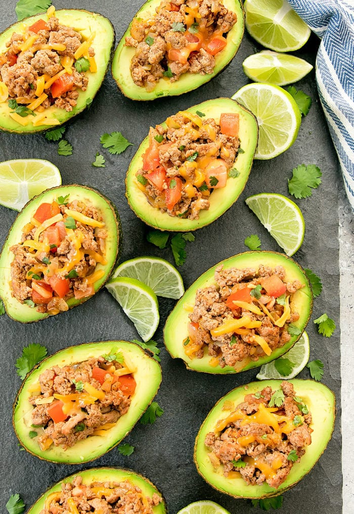 top down photo of plate of taco stuffed avocados