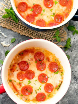 overhead photo of cauliflower pizza mug cake