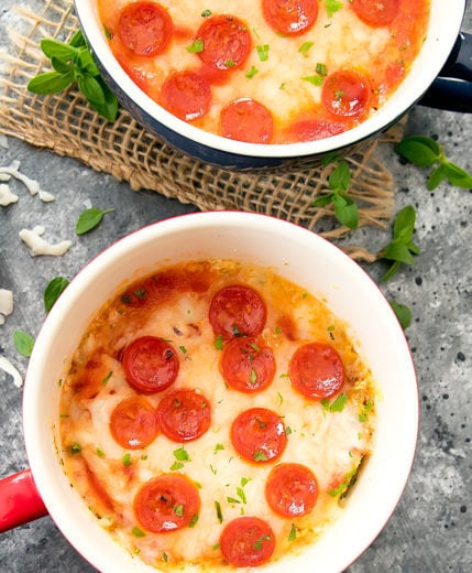 overhead photo of cauliflower pizza mug cake