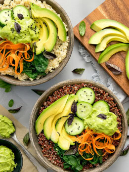 overhead photo of avocado buddha bowls
