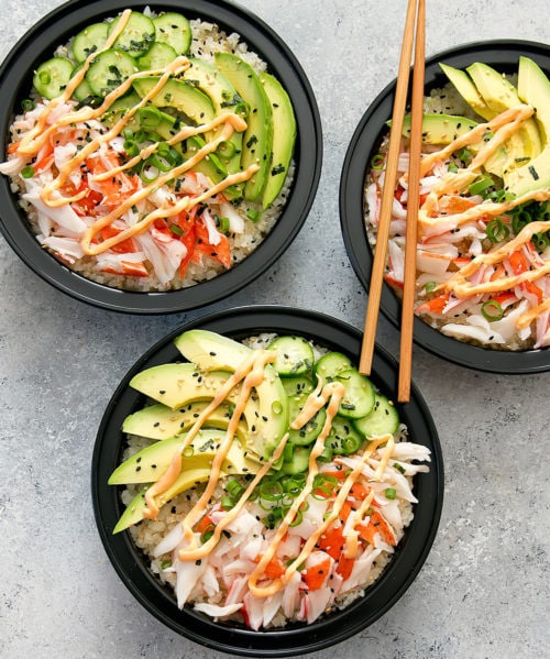 overhead photo of California Sushi Roll Bowls with Cauliflower Rice Meal Prep