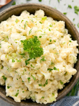 overhead photo of a bowl of cauliflower potato salad