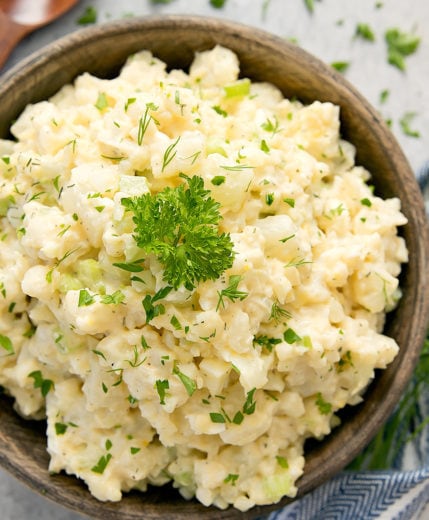 overhead photo of a bowl of cauliflower potato salad