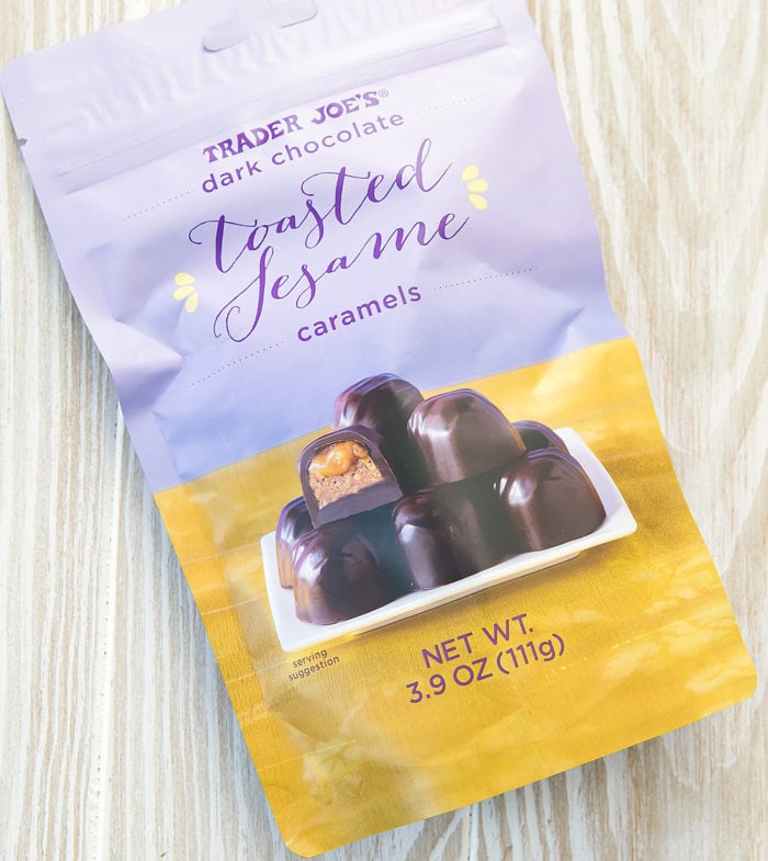 photo of a package of Trader Joe’s Dark Chocolate Toasted Sesame Caramels
