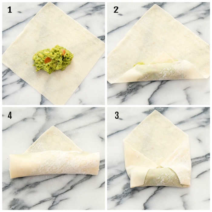 step by step photo collage showing how to roll egg rolls