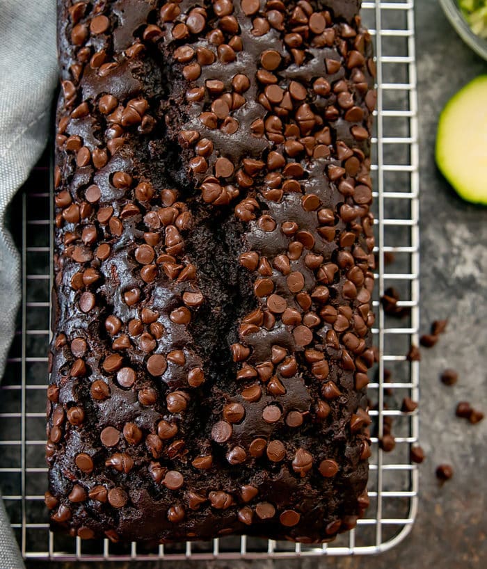 top-down photo of a loaf of chocolate zucchini bread