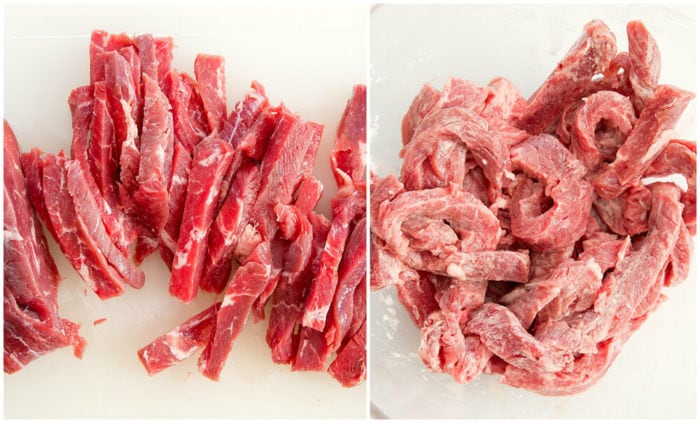 process photo collage showing how to slice and prep the beef