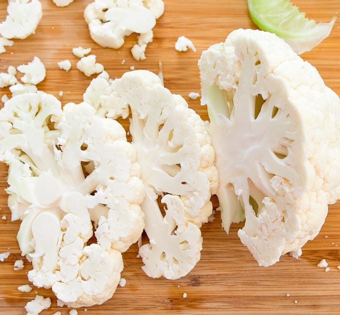 process photo showing how to slice the cauliflower
