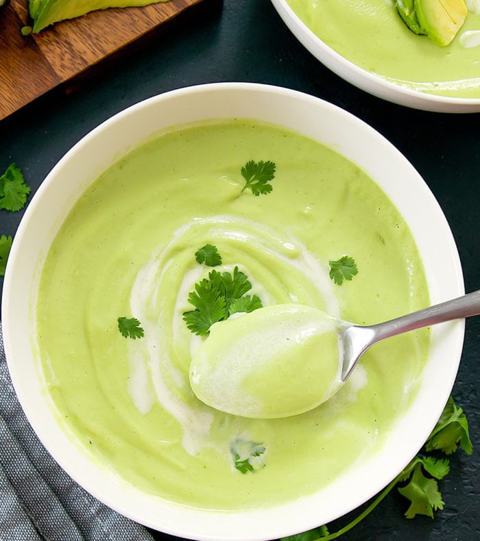 close-up photo of a spoonful of Cream of Avocado Soup