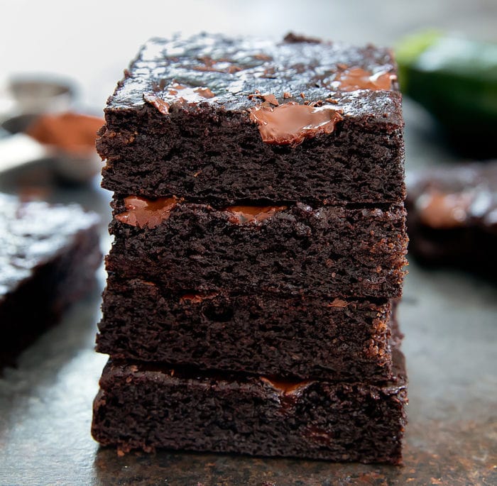close-up of stack of four brownies