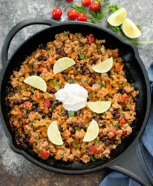 Overhead view of skillet filled with taco cauliflower rice