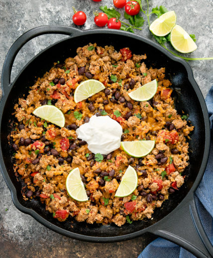 Overhead view of skillet filled with taco cauliflower rice