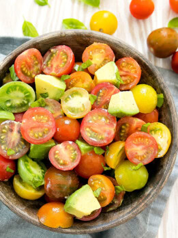overhead photo of a bowl of tomato avocado salad