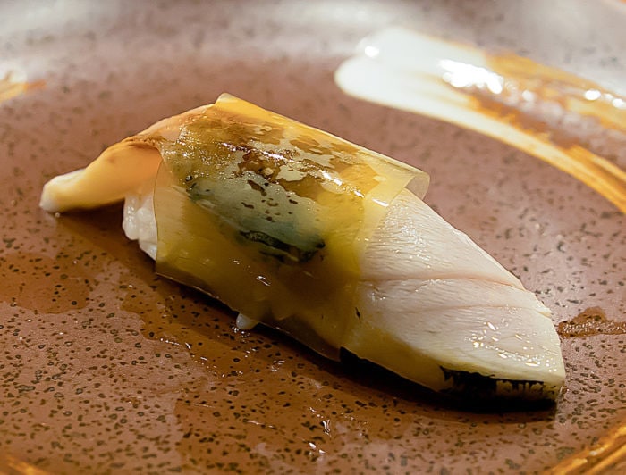 photo of seared mackerel, pickled kelp