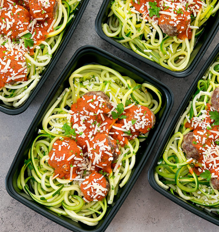 overhead photo of meatballs with zucchini noodles and sauce