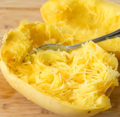 photo of the flesh being scraped out of the spaghetti squash