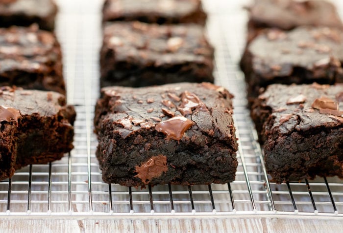 close-up photo of brownies on a baking sheet
