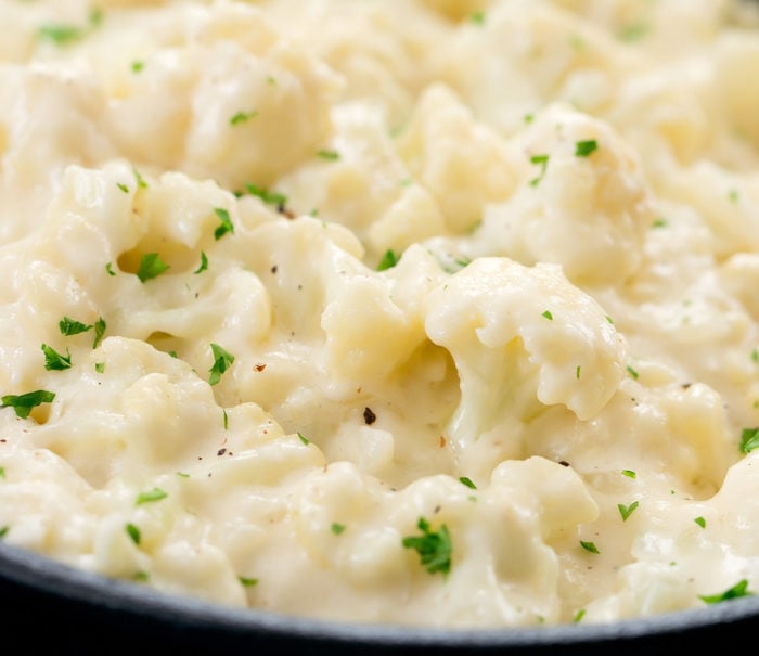 up close view of pan of creamed cauliflower